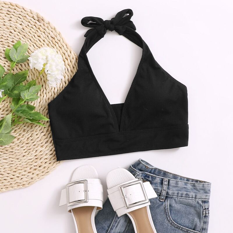 

Self Tie Halter Bikini Top, Black