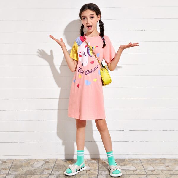

Girls Raglan Sleeve Letter and Unicorn Print Dress Without Bag, Baby pink