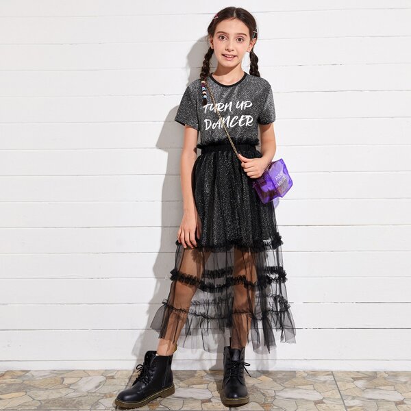 

Girls Slogan Graphic Glitter Top & Frill Trim Mesh Skirt Set, Black