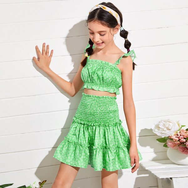 

Girls Ruffle Trim Ditsy Floral Top & Shirred Panel Skirt Set, Green