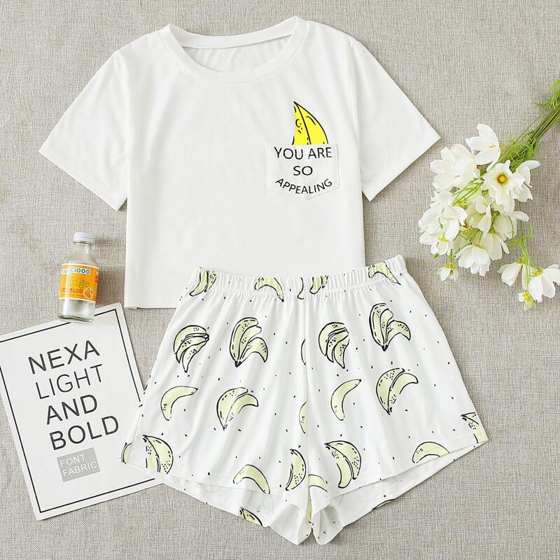 

Banana & Slogan Print Shorts PJ Set, White