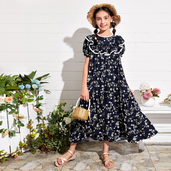 

Girls Puff Sleeve Ruffle Trim Floral Smock Dress, Navy blue