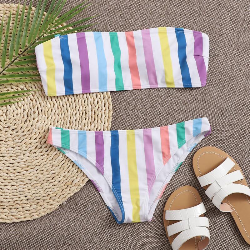 

Colorful Striped Bandeau Bikini Swimsuit, Multicolor