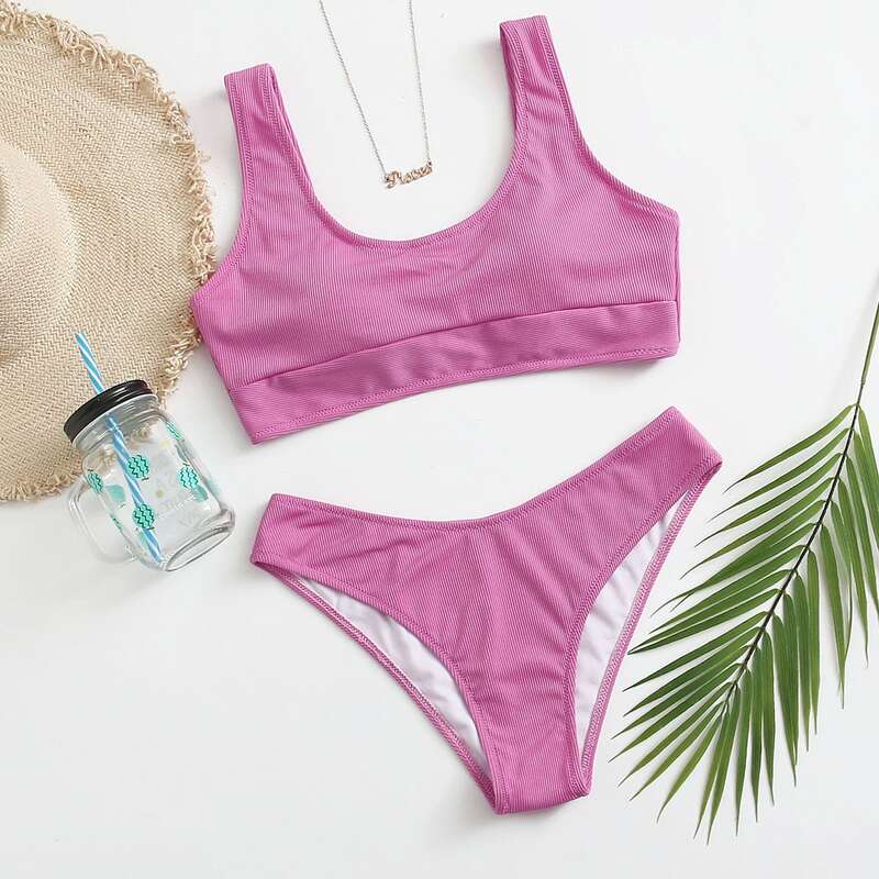 

Solid Tie Back Bikini Swimsuit, Red violet