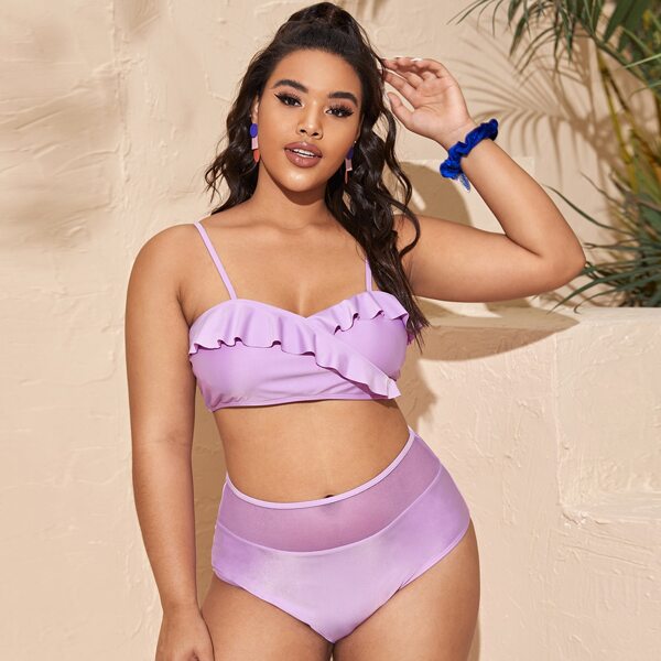 

Plus Ruffle Contrast Mesh Bikini Swimsuit, Pastel lilac purple
