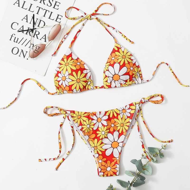 

Daisy Halter Tie Side Bikini Swimsuit, Multicolor