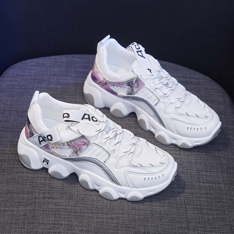 

Metallic Lace-up Chunky Sneakers, White
