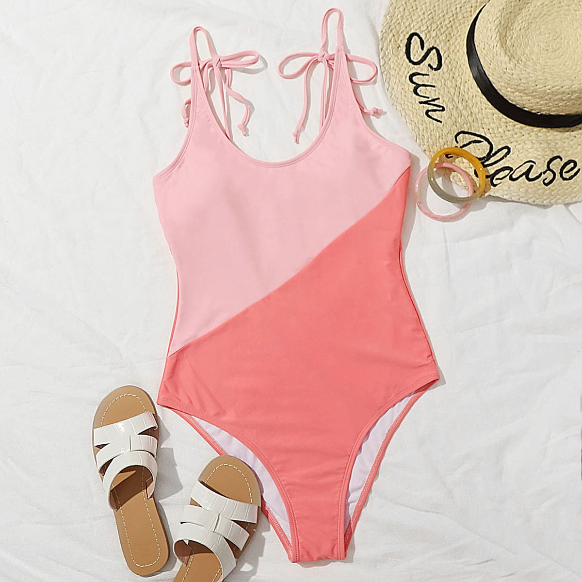 

Color Block Tie Shoulder One Piece Swimsuit, Multicolor