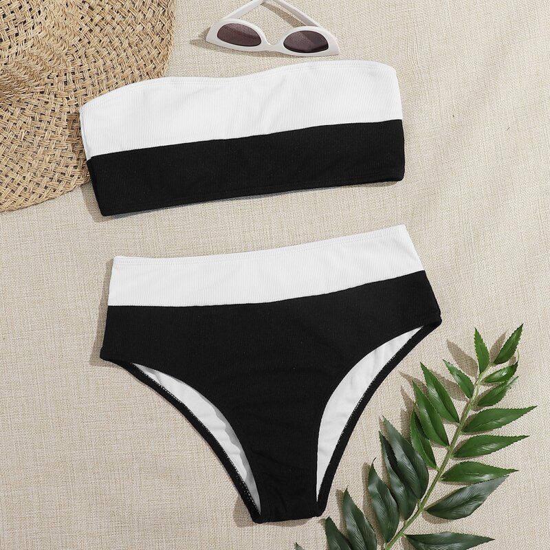 

Color Block Bandeau Bikini Swimsuit, Black and white