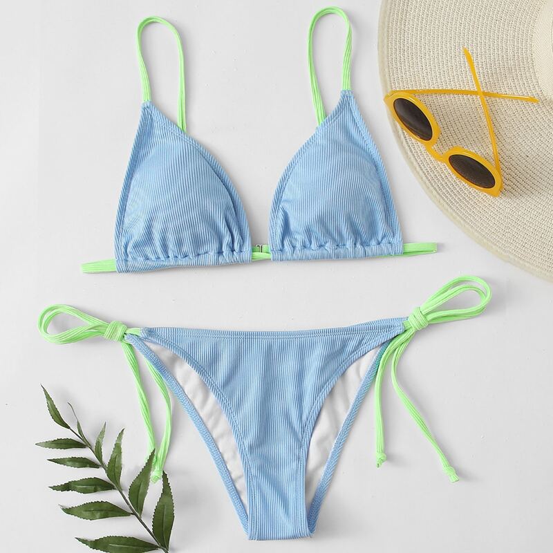

Rib Triangle Tie Side Bikini Swimsuit, Pastel baby blue