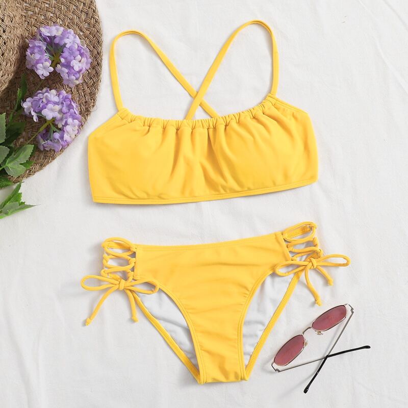 Ruched Bust Lace Up Bikini Swimsuit, Yellow bright