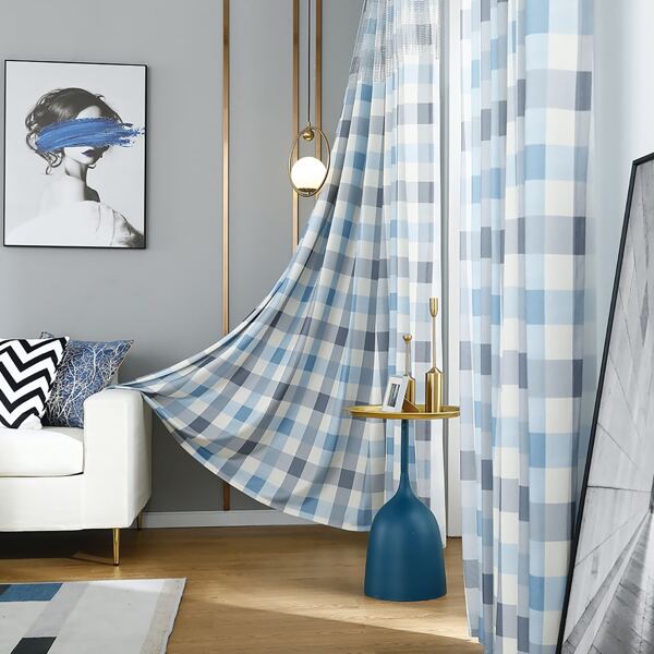 

1pc Plaid Pattern Curtain, Blue