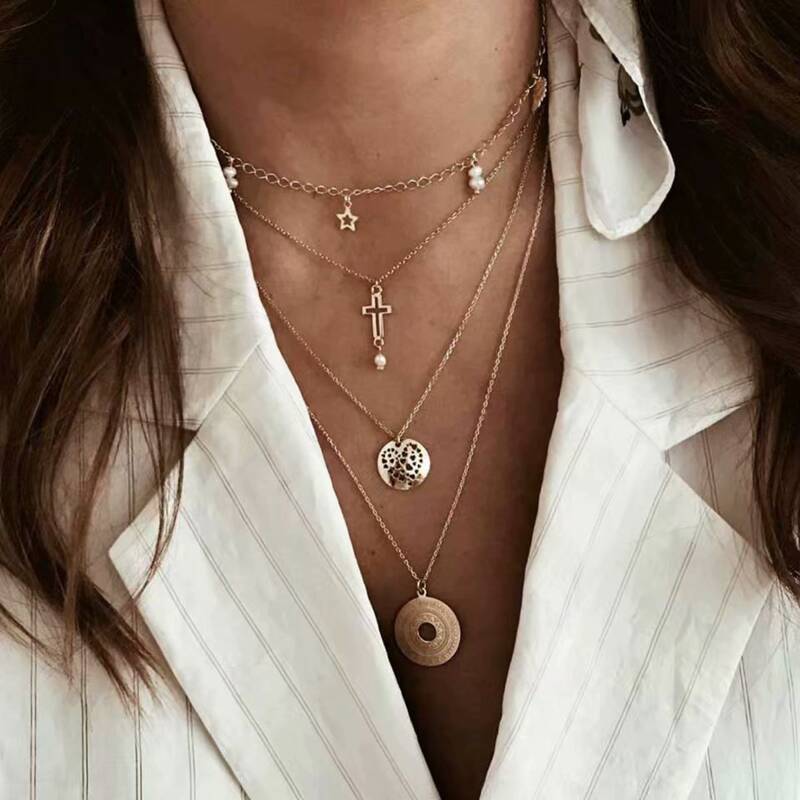 

Cross Layered Chain Necklace, Gold