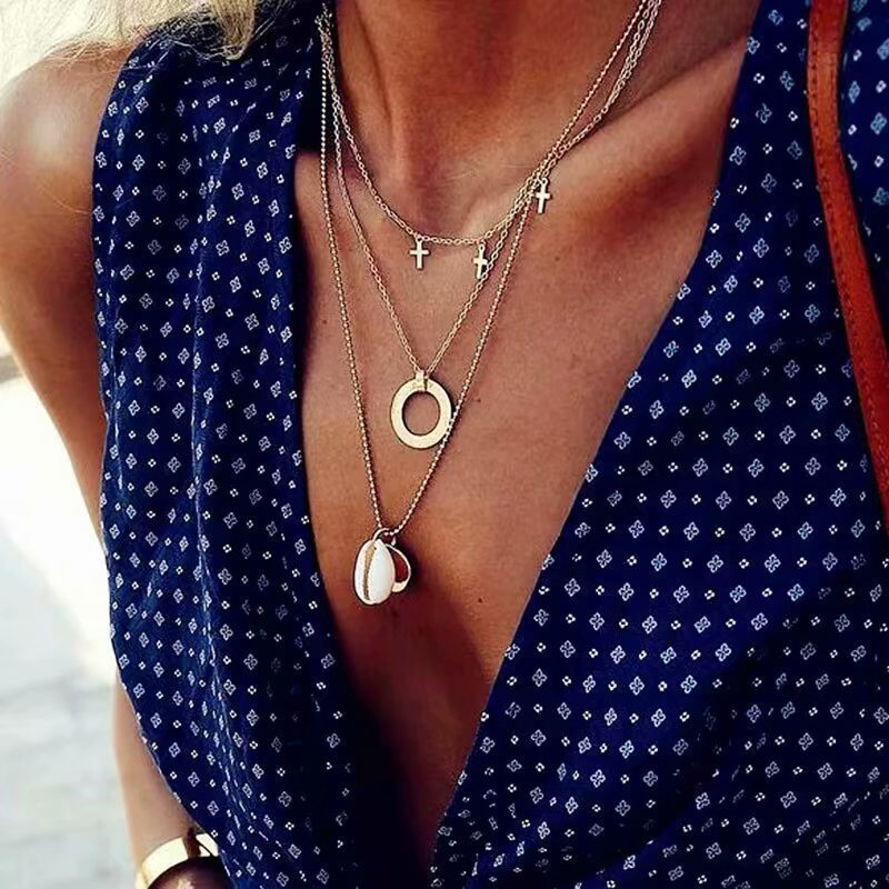 

Cross & Shell Layered Chain Necklace, Gold