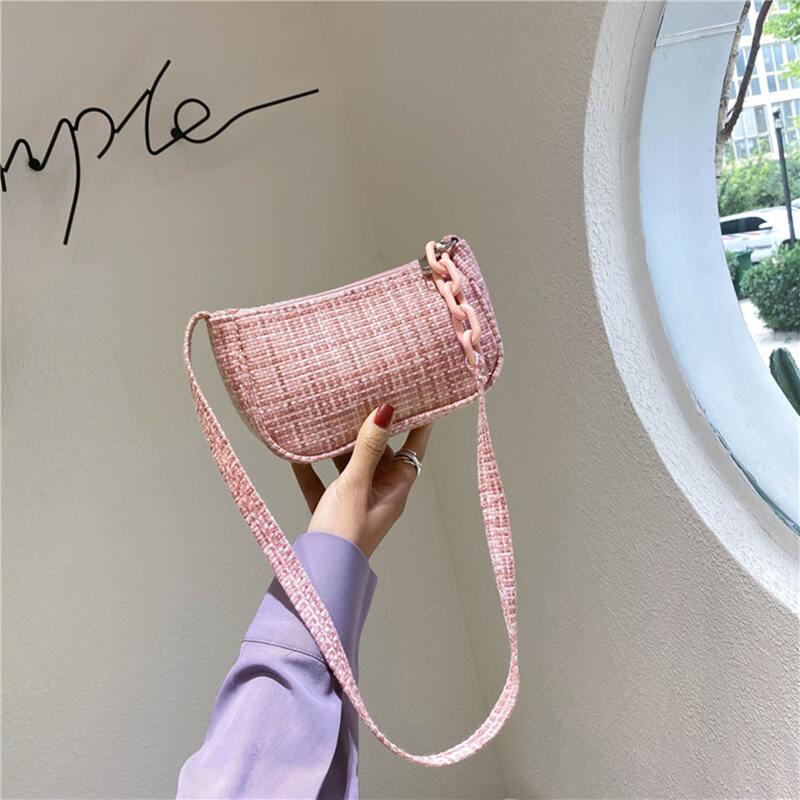 

Woven Plaid Baguette Bag, Pink