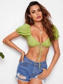 Soleia Tie Front Solid Crop Milkmaid Top - Lime Green - View 1