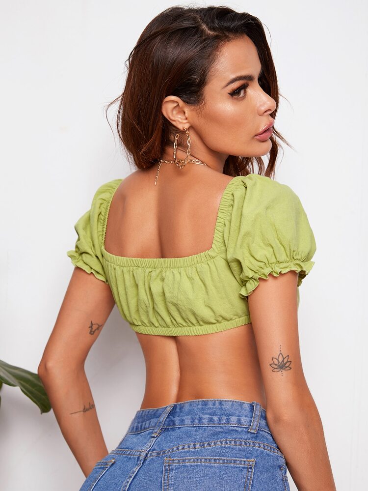 SHEIN WYWH Tie Front Solid Crop Milkmaid Top - Lime Green - View 2