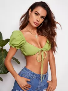 Soleia Tie Front Solid Crop Milkmaid Top - Lime Green - View 5