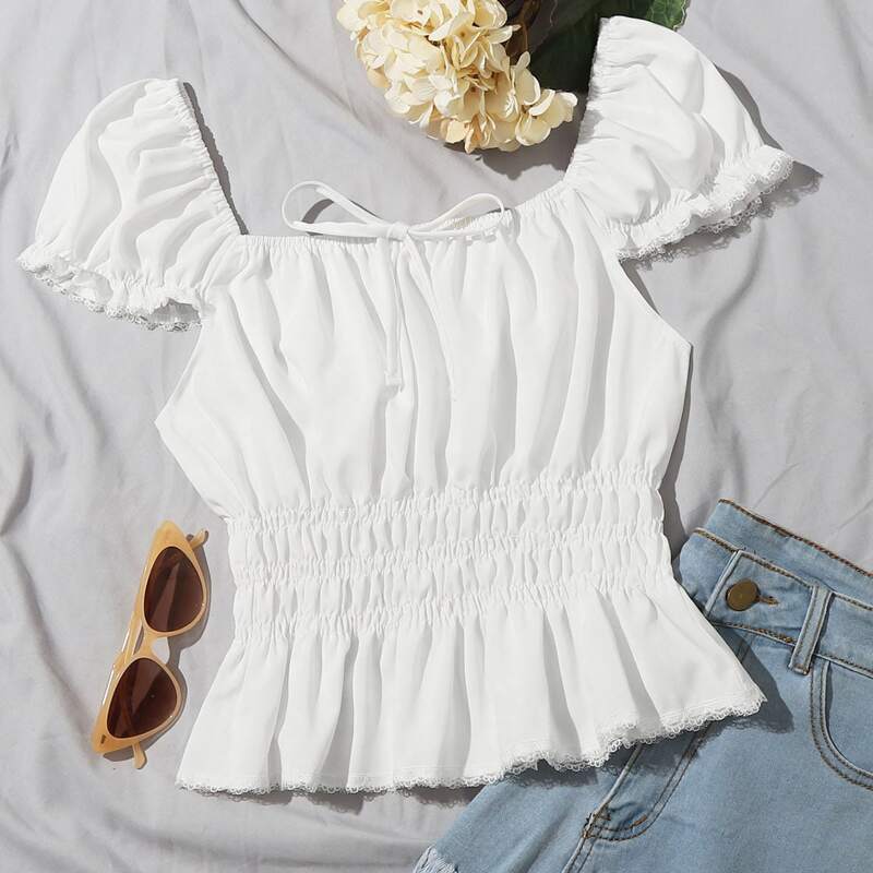 

White Lace Trim Peplum Blouse