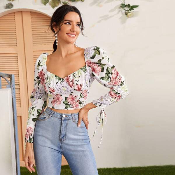 

Drawstring Knot Sleeve Ruched Bust Floral Top, Multicolor