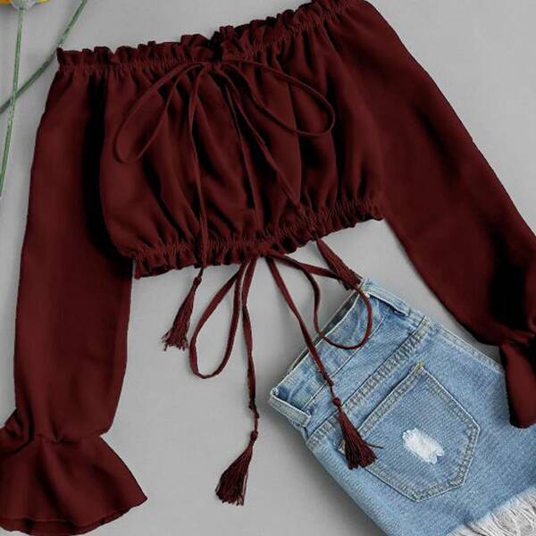 

Plus Chiffon Tassel Tie Frill Bardot Top, Maroon