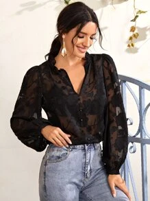 SHEIN Clasi Top de malla aplique con botón delantero ribete con fruncido sin sujetador - Negro - Ver 1