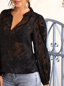 SHEIN Clasi Top de malla aplique con botón delantero ribete con fruncido sin sujetador - Negro - Ver 3