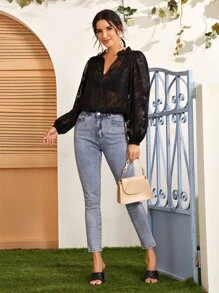 SHEIN Clasi Top de malla aplique con botón delantero ribete con fruncido sin sujetador - Negro - Ver 4