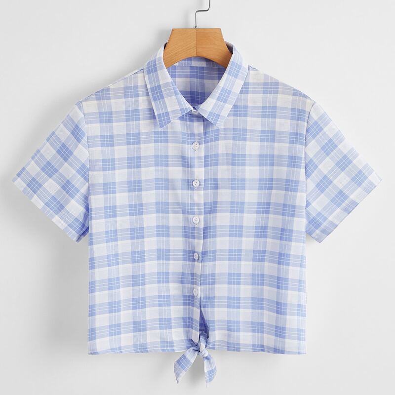 

Plaid Knot Hem Crop Shirt, Blue and white