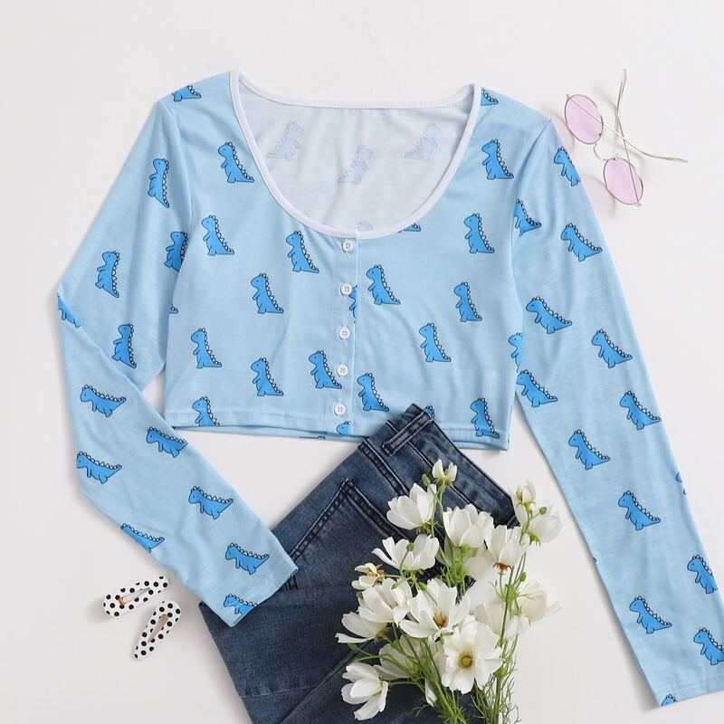 

Cartoon Print Button Front Tee, Baby blue