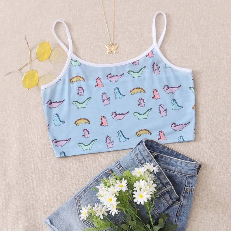 

Cartoon Print Crop Cami, Baby blue