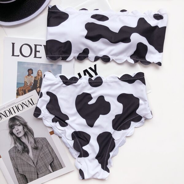 

Cow Print Scallop Trim Bandeau Bikini Swimsuit, Black and white