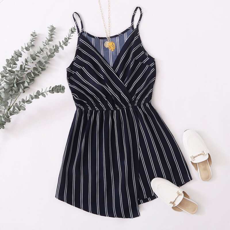 

Striped Wrap Cami Romper, Navy blue
