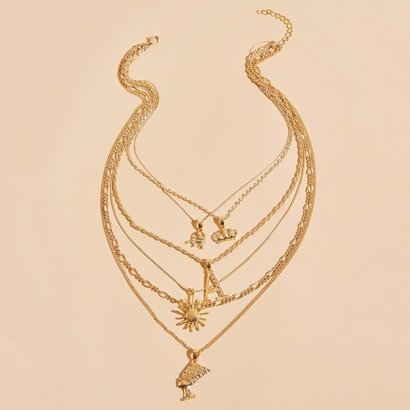 

Letter & Sun Layered Chain Necklace, Gold