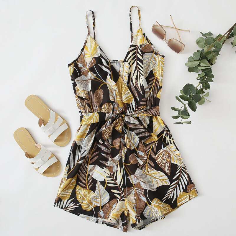 

Tropical Belted Cami Romper, Multicolor