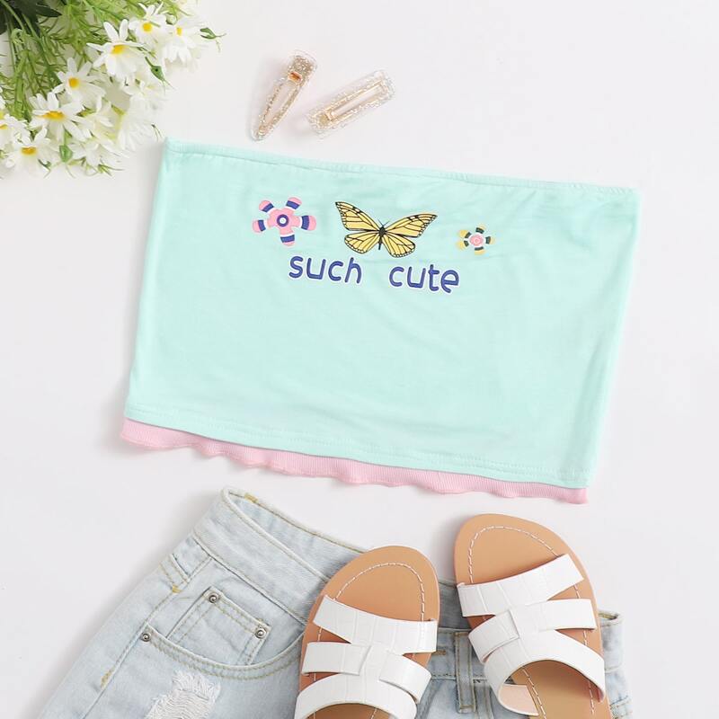 

Butterfly Graphic Crop Tube Top, Mint green