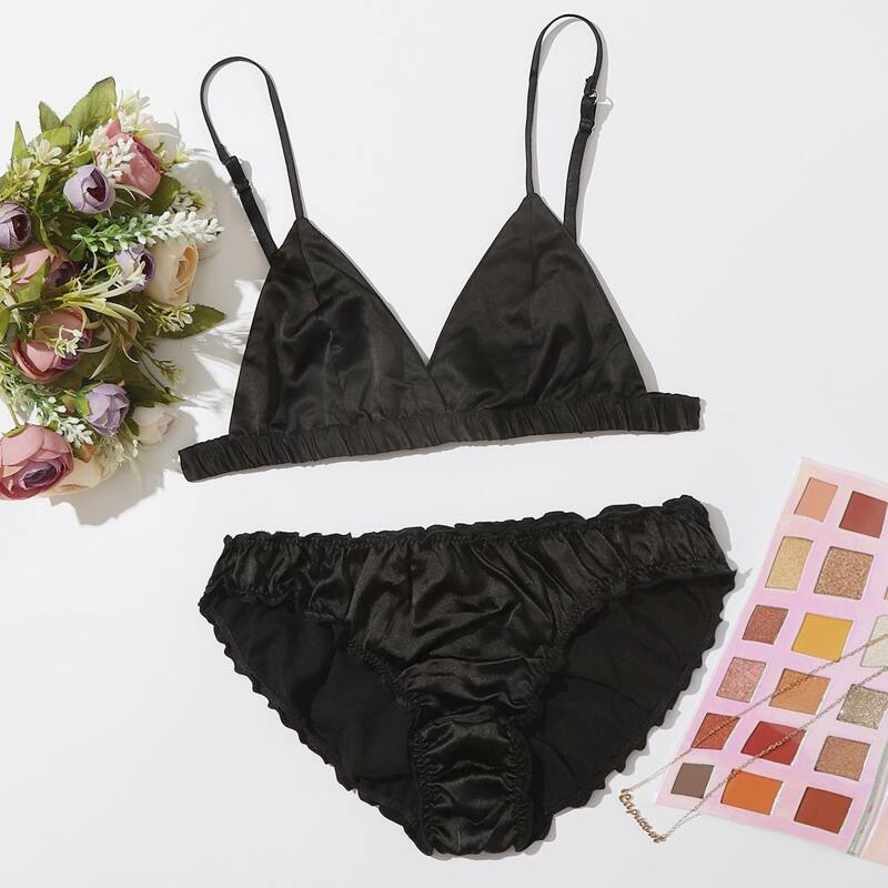 

Ruched Satin Triangle Lingerie Set, Black