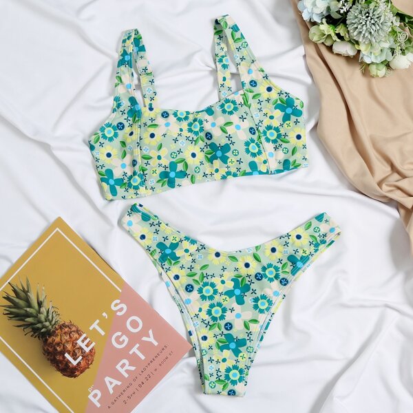 

Floral High Cut Bikini Swimsuit, Multicolor