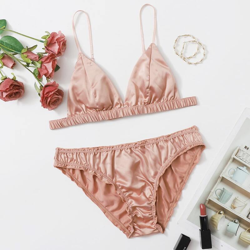 

Ruched Satin Triangle Lingerie Set, Pastel dusty pink