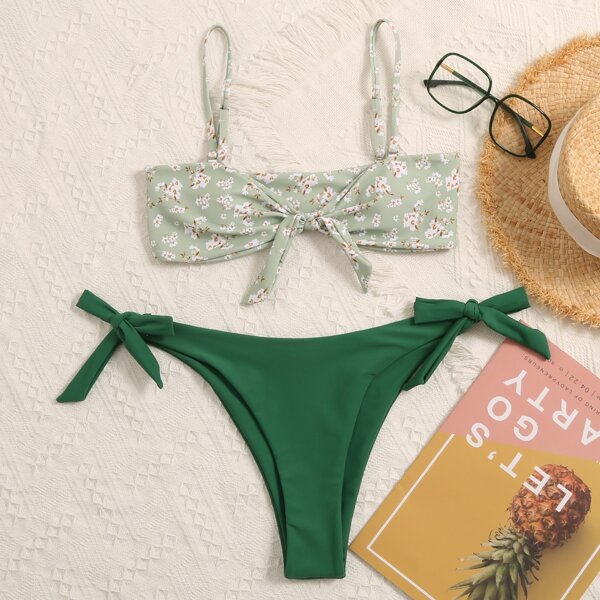 

Ditsy Floral Knot Front Tie Side Bikini Swimsuit, Green