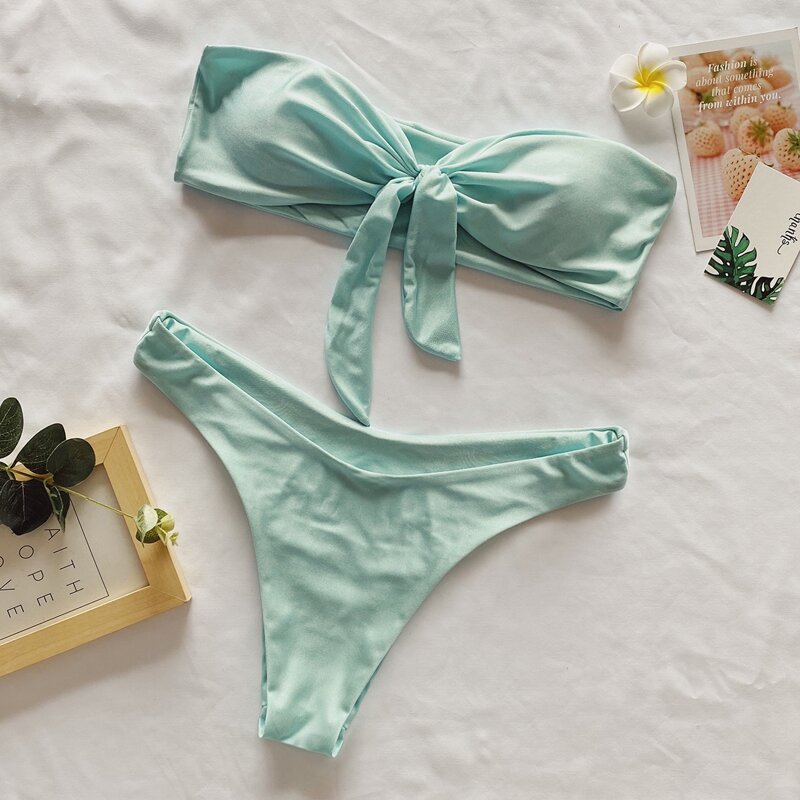 

Knot Front Bandeau High Cut Bikini Swimsuit, Mint green