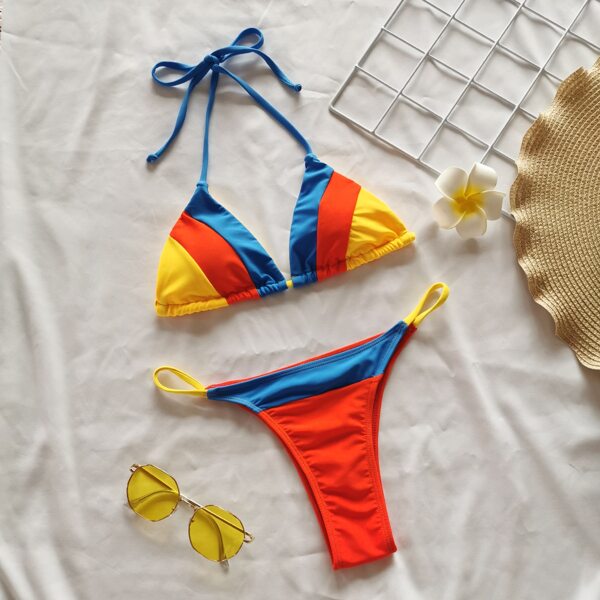 

Colorblock Triangle Halter Thong Bikini Swimsuit, Multicolor