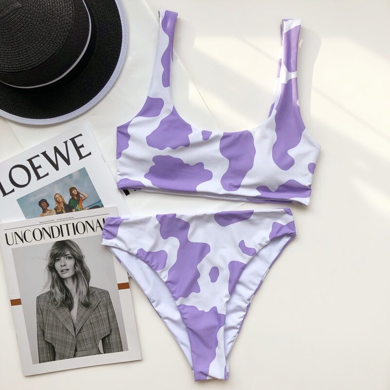 

Cow Pattern High Waisted Bikini Swimsuit, Pastel lilac purple