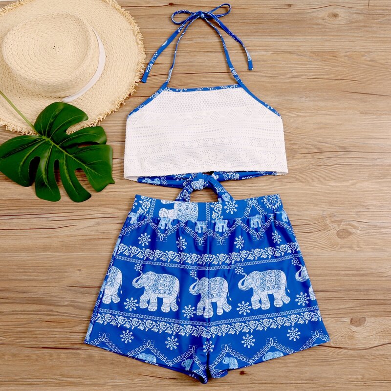 

Tribal & Elephant Halter Shorts Bikini Swimsuit, Blue and white