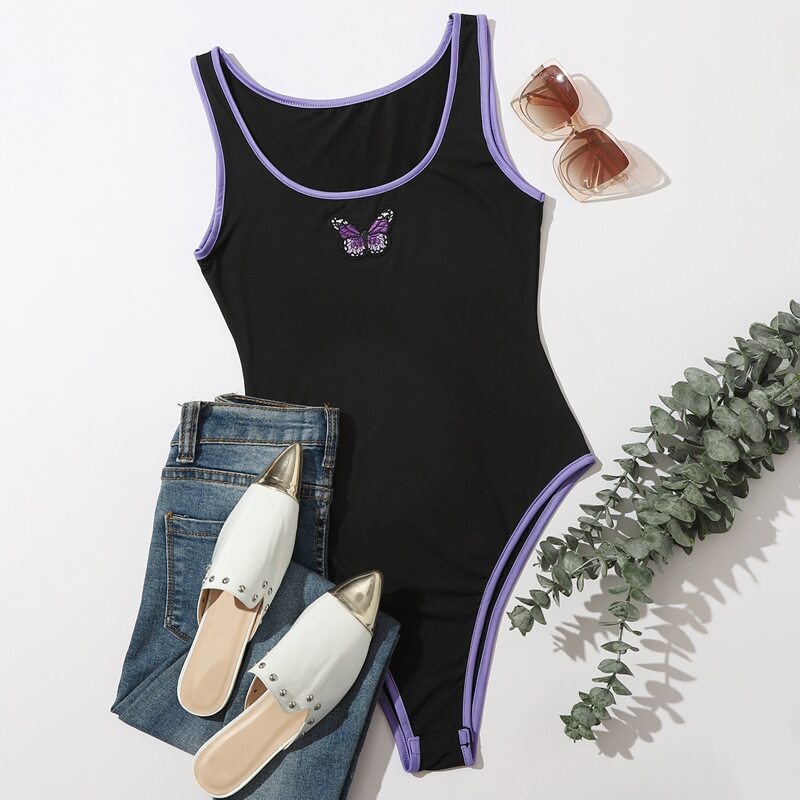 

Butterfly Contrast Binding Tank Bodysuit, Black