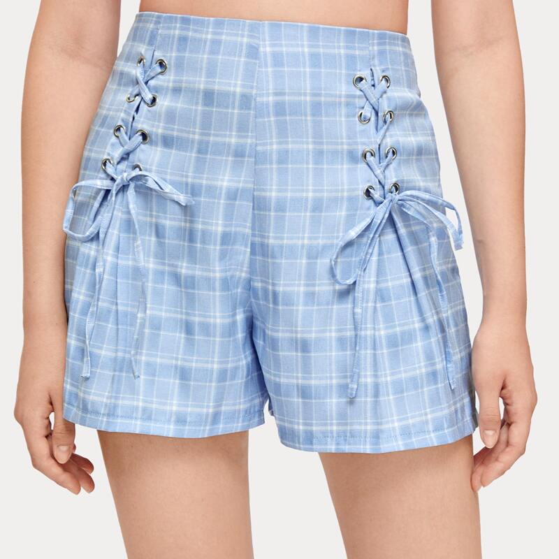 

Plaid Lace Up Shorts, Baby blue