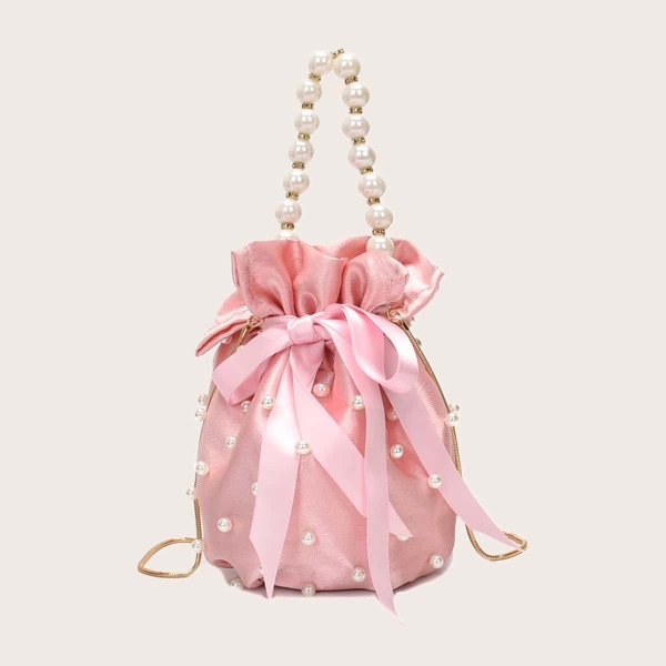 

Faux Pearls & Drawstring Decor Chain Satchel Bag, Pink
