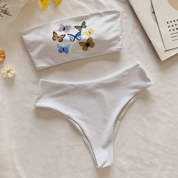 

Butterfly Print Bandeau High Waisted Bikini Swimsuit, White