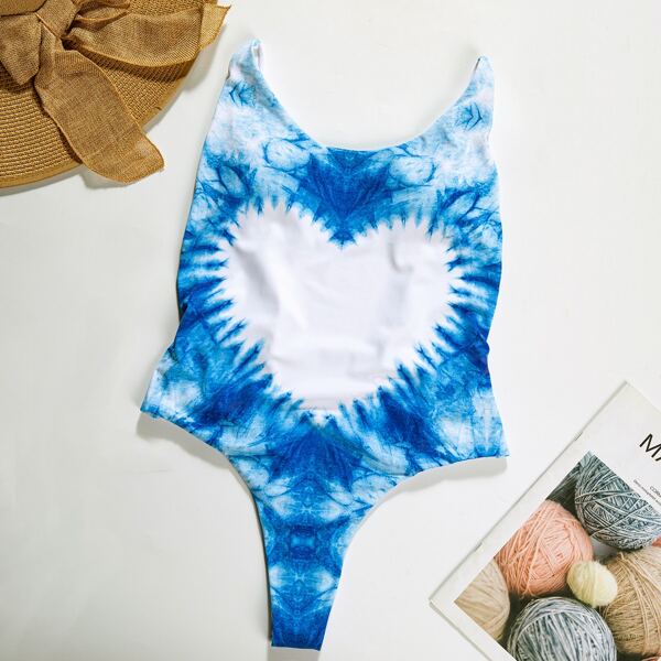 

Tie Dye Heart Pattern One Piece Swimsuit, Blue and white
