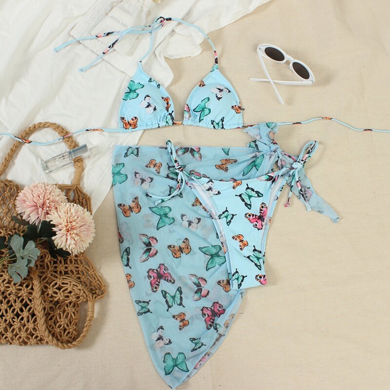 

3pack Butterfly Print Bikini Swimsuit & Beach Skirt, Mint blue
